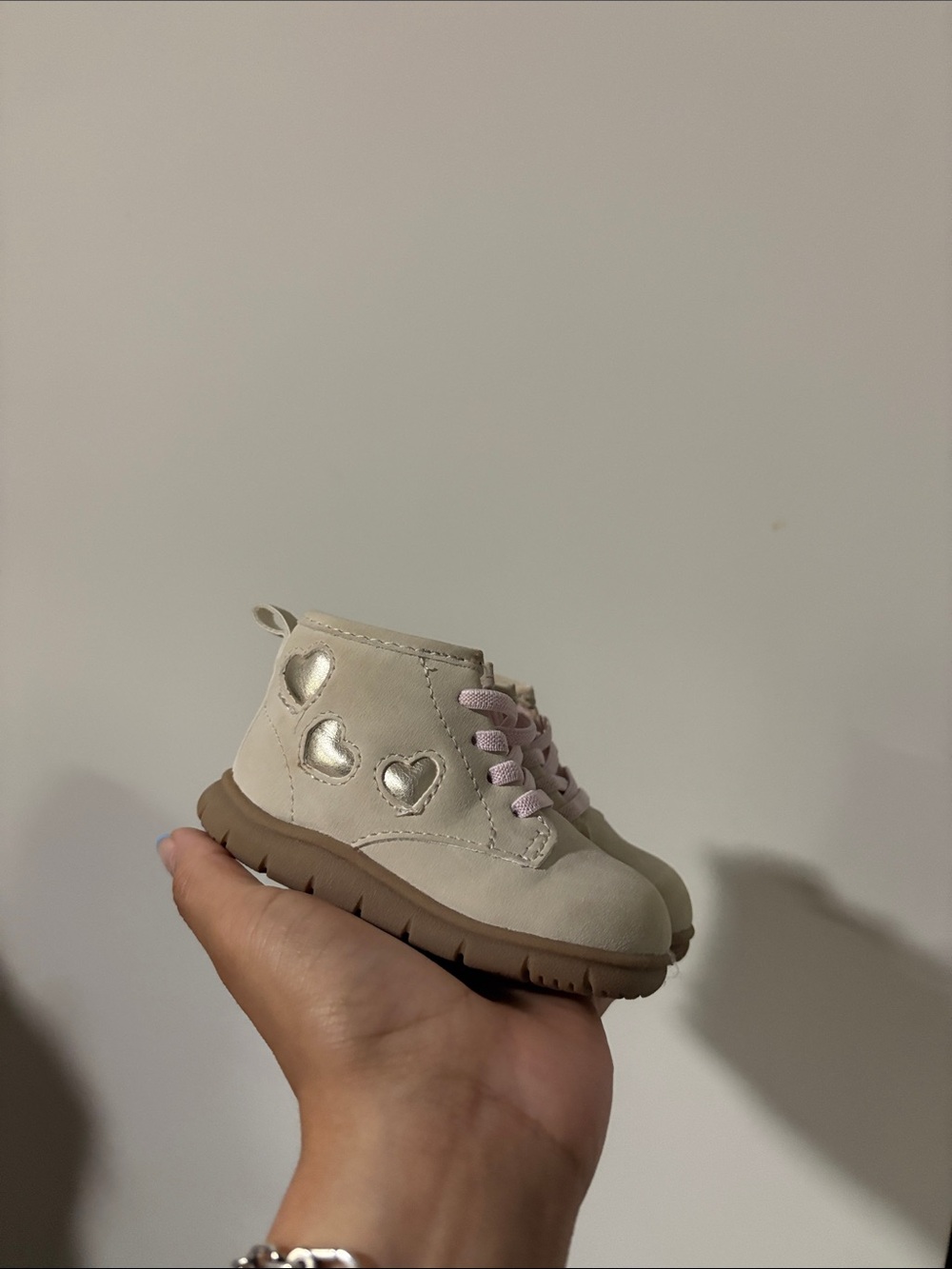 Carter's Cream Ankle Boots with Pink Laces and Metallic Hearts